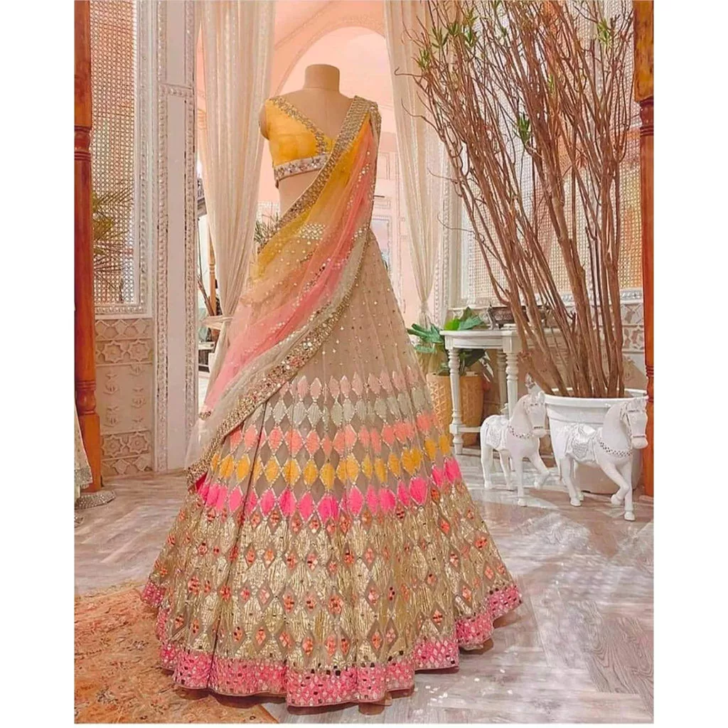 Multi Colored Butterfly Net Mirror Work Lehenga Choli on clothsvilla.com