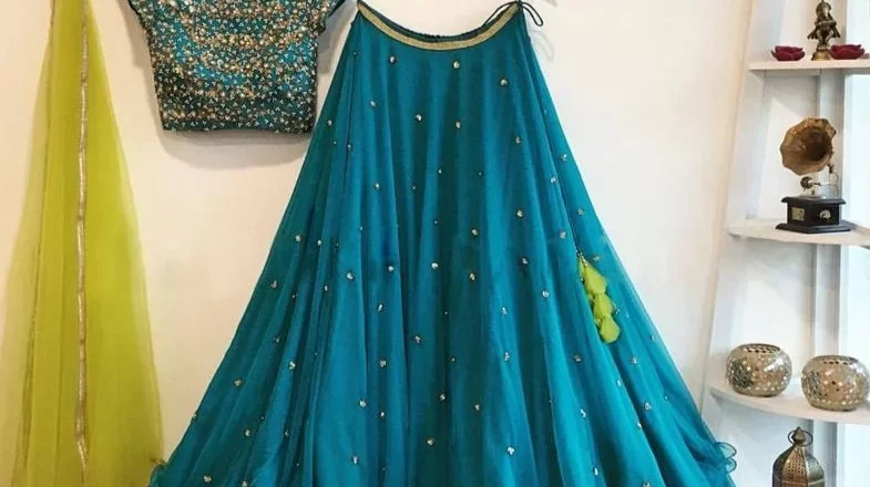 Captivate in Cool: The Enchanting Aqua Blue Lehenga with Pearl and Embroidery Work